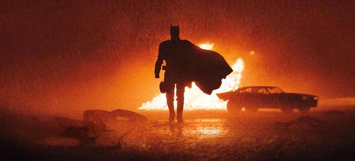 The Batman (2022), Batman, auto, fuoco, esplosione, film, DC Comics, silhouette, Sfondo HD