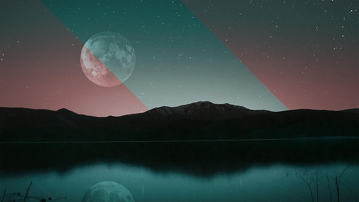 аннотация, луна, цифровое искусство, небо, отражение, звезды, HD обои