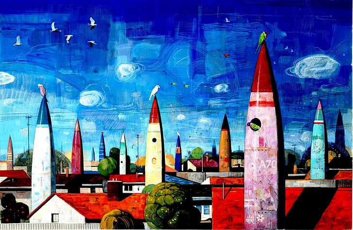 digital art, fantasy art, architecture, building, house, artwork, painting, rocket, town, colorful, birds, clouds, rooftops, missiles, trees, HD wallpaper