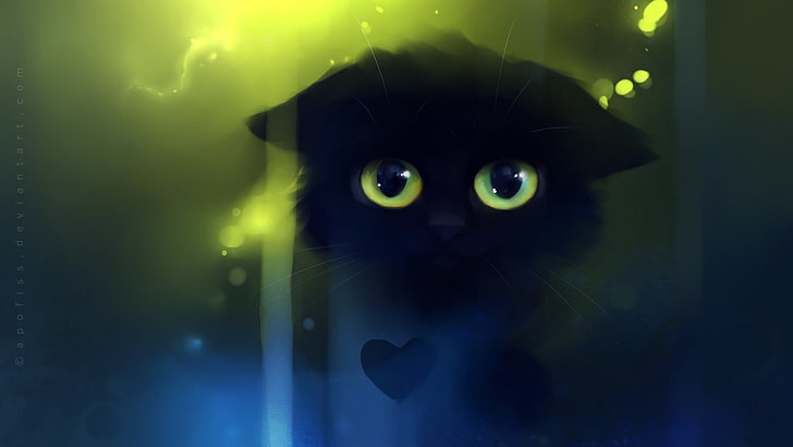 short-fur black kitten, cat, Apofiss, artwork, fantasy art, HD wallpaper