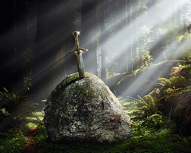 меч с коричневыми ручками цифровые обои, свет, меч, Экскалибур, HD обои HD wallpaper