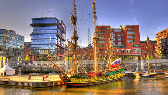 Fabulous Ancient Sail Ship In Modern City Hdr, docks, city, sail ship, boats, HD wallpaper HD wallpaper