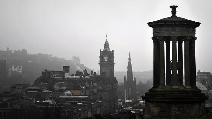 Шотландия, Единбург, мъгла, монохромен, градски пейзаж, HD тапет