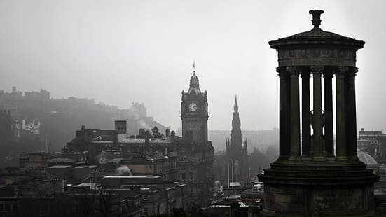 Шотландия, Эдинбург, туман, монохромный, городской пейзаж, HD обои HD wallpaper