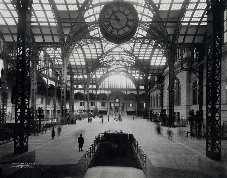 relógio analógico grande, cidade de Nova York, metrô, estação de trem, monocromático, vintage, longa exposição, fotos antigas, HD papel de parede
