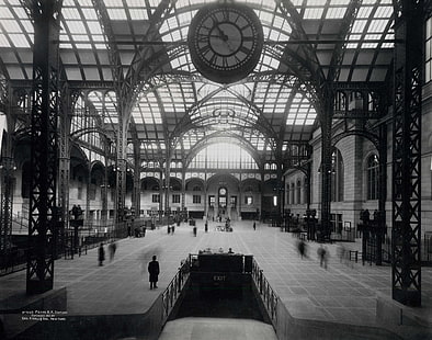 large analog clock, New York City, subway, train station, monochrome, vintage, long exposure, old photos, HD wallpaper HD wallpaper