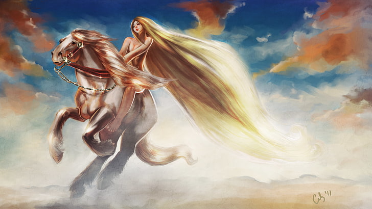 женщина верхом на коне живопись, небо, девушка, облака, животное, лошадь, арт, грива, длинные волосы, прыжок, леди Годива, HD обои