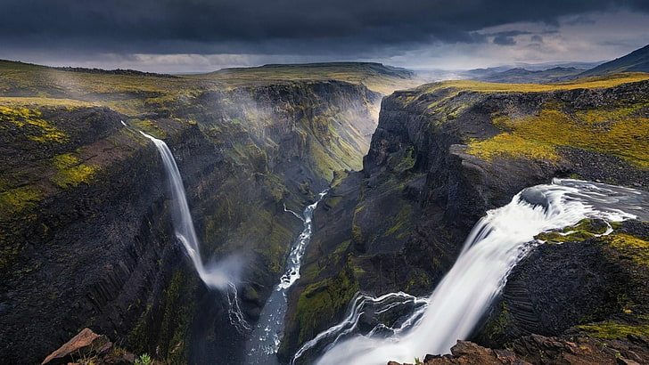 waterfall, nature, haifoss, water, wilderness, mountain, highland, iceland, cloud, sky, landscape, escarpment, river, HD wallpaper