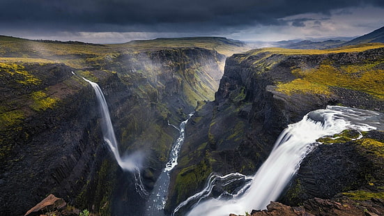 водопад, природа, haifoss, вода, пустыня, гора, горная местность, исландия, облако, небо, пейзаж, откос, река, HD обои HD wallpaper