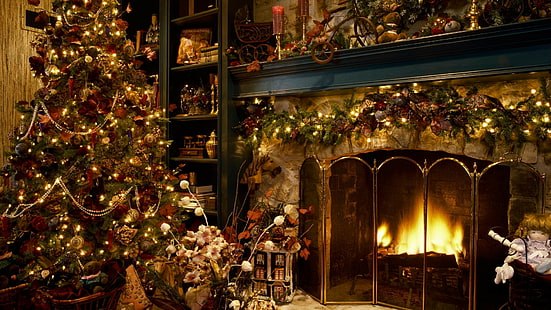 празници, 1920x1080, дърво, Коледа, весела Коледа, камина, коледно дърво, десктоп на коледно дърво, изтегляне на коледно дърво, HD тапет HD wallpaper