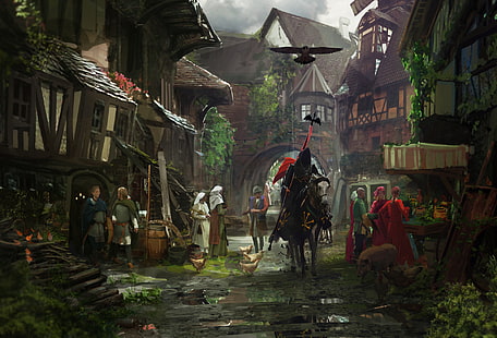 seni digital, prajurit, kuda, desa, lukisan, ilustrasi, seni fantasi, abad pertengahan, Wallpaper HD HD wallpaper