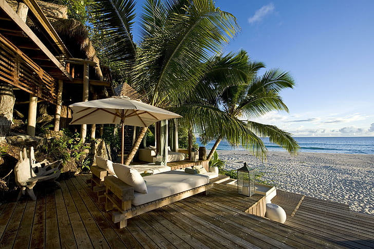 Relaxing Evening Beach, brown wooden frame lounge chairs, relaxing, view, island, exotic, evening, tropical, islands, beach, ocean, sand, villa, luxury, paradise, HD wallpaper