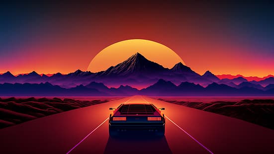 Arte AI, auto sportiva, tramonto, montagne, strada, deserto, synthwave, retrowave, Sfondo HD HD wallpaper