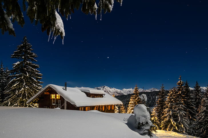 บ้านที่มีแสงสีน้ำตาลบนหิมะข้างต้นไม้, ตอนกลางคืน, สีน้ำตาล, บ้าน, หิมะ, ต้นไม้, ฤดูหนาว, Allgäu, Obermaiselstein, Bayern, Deutschland, DE, ภูเขา, น้ำแข็ง, แช่แข็ง, กลางคืนที่หนาวเย็น, ทิวทัศน์ยามค่ำคืน, ทิวทัศน์, การเปิดรับแสงนาน, Canon EOS 70D , ธรรมชาติ, ป่า, ภูเขา, ต้นไม้, กลางแจ้ง, หนาว - อุณหภูมิ, สีน้ำเงิน, น้ำค้างแข็ง, ท้องฟ้า, ฉาก, เทือกเขาแอลป์ยุโรป, วอลล์เปเปอร์ HD