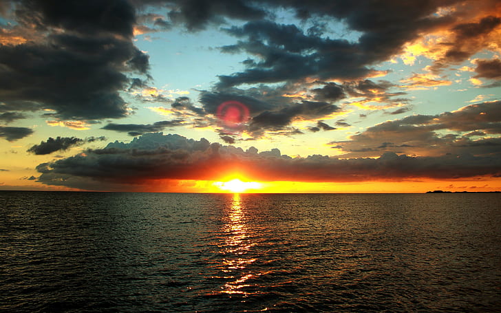 Zachód słońca wieczór morze, zachód słońca, wieczór, morze, niebo, horyzont, słońce, woda, chmury, Tapety HD