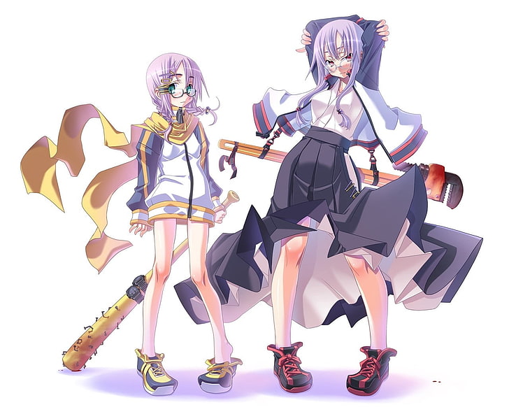 two white-haired anime character illustration, anime, girls, guns, glasses, posture, HD wallpaper