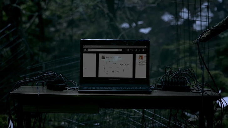 black laptop computer, photography, forest, computer, Amazarashi, music video, HD wallpaper