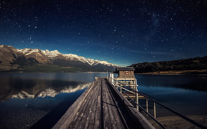 Лунная ночь, астрономия, синий, темно-синий, цифровая композиция, lakewakatipu, озера, длительная экспозиция, горы, природа, Новая Зеландия, ночь, перспектива, фотография, пирсы, небо, звезды, вода, HD обои