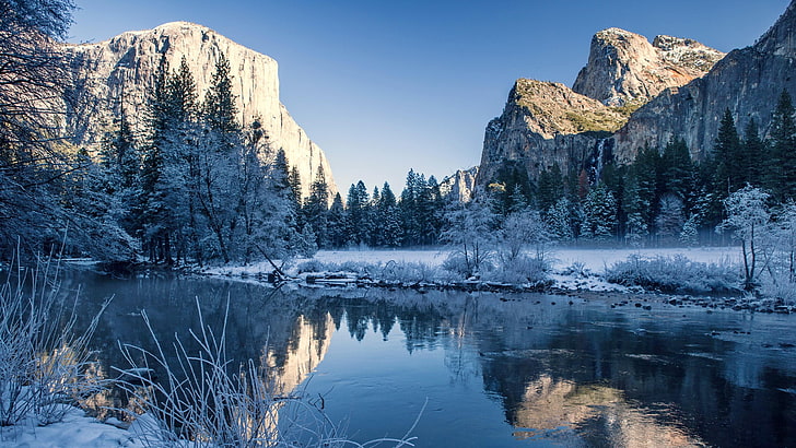 himmel, Yosemite National Park, Kalifornien, Yosemite Valley, El Capitan, Yosemite Falls, halvkupol, National Park, frusen, frost, reflektion, katedralstenar, frysning, USA, vatten, snö, berg, vildmark, natur, vinter, HD tapet