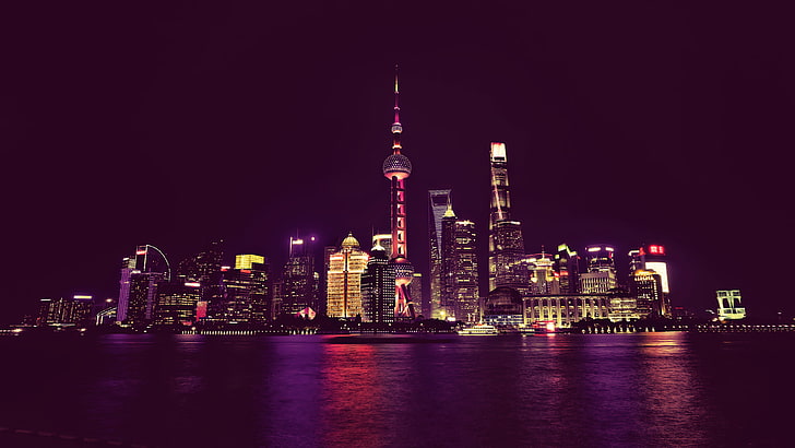 городской пейзаж, городской пейзаж, ночь, пейзаж, неон, город, огни, Китай, вода, Шанхай, HD обои