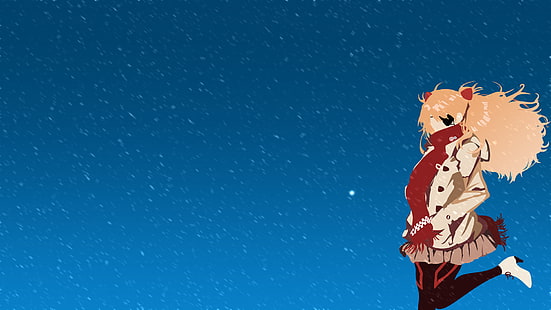 femme portant manteau et papier peint numérique foulard rouge, Neon Genesis Evangelion, Asuka Langley Soryu, hiver, bleu, vecteur (personnage), vecteurs anime, Asuka Langley Shikinami, Fond d'écran HD HD wallpaper