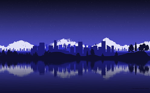 Hochhäuser Vektor, Pixelkunst, Stadtbild, Wasser, Bäume, Sterne, HD-Hintergrundbild HD wallpaper