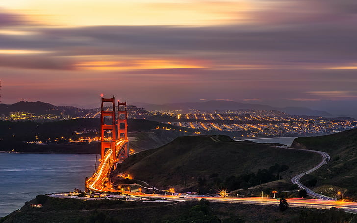 Сан Франциско, Златната порта, Сан Франциско, Сан - Франциско, мостът Златната порта, Златната порта, вечер, светлини, облаци, HD тапет