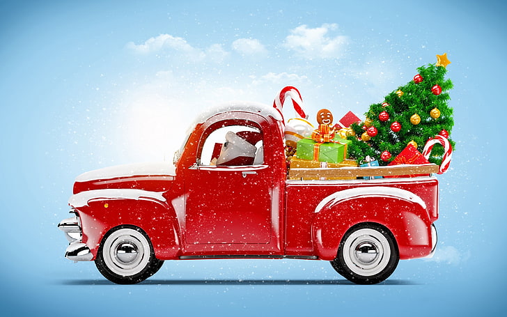 Camioneta roja con cajas de regalo y la ilustración del árbol de Navidad, Año Nuevo, nieve, Fondo de pantalla HD