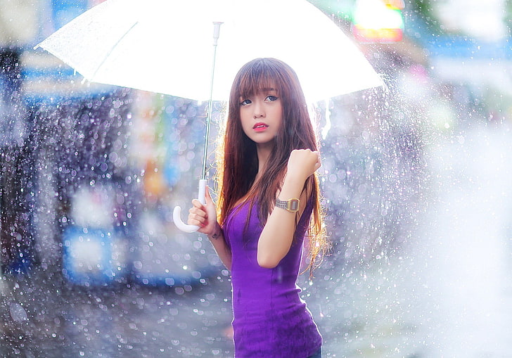 Asian, rain, umbrella, women, model, HD wallpaper