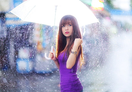 Азиатка, дождь, зонт, женщины, модель, HD обои HD wallpaper