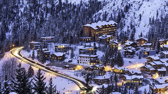 town, winter, snow, tree, fir, sky, ski resort, mountain, alps, landscape, french alps, courchevel, france, europe, HD wallpaper HD wallpaper