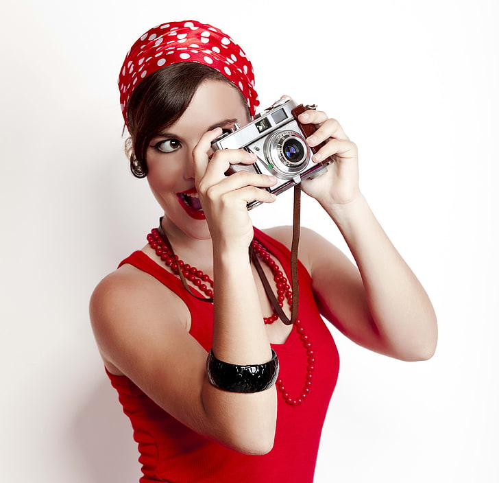 women's red tank top, girl, retro, mood, modern, the camera, beautiful, pin-up, style, click, you, Wikimania, removed, photographic, HD wallpaper