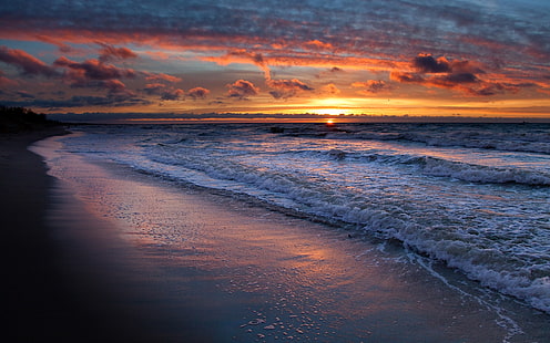 Olas del mar, agua, playa, puesta de sol, cielo, nubes, paisaje de la naturaleza, mar, olas, agua, playa, puesta de sol, cielo, nubes, naturaleza, paisaje, Fondo de pantalla HD HD wallpaper