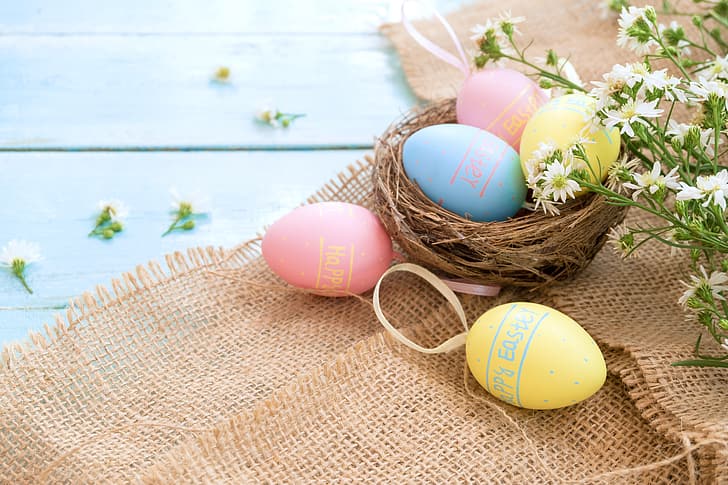 flowers, basket, eggs, spring, colorful, Easter, wood, pink, tulips, decoration, Happy, tender, HD wallpaper