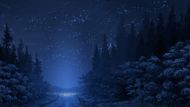 Bäume Illustration, Straße, Sterne, Nacht, Fuchs, Wald, Bäume, Anime, Kunstwerk, Himmel, Landschaft, HD-Hintergrundbild