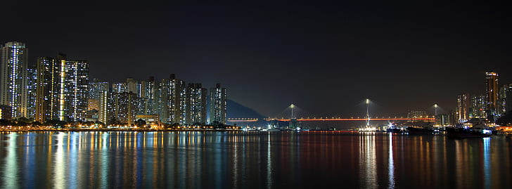 夜間の都市のパノラマビュー、ランブラーチャネル、パノラマビュー、都市、夜間、香港、キヤノン、夜、都市の景観、都市スカイライン、建築、アジア、高層ビル、海、ダウンタウン地区、都市のシーン、有名な場所、反射、港、 HDデスクトップの壁紙