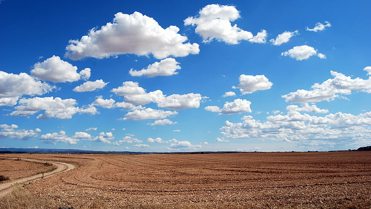 braunes Feld unter Kumuluswolke, Wolken, Himmel, Feld, 4k, HD-Hintergrundbild