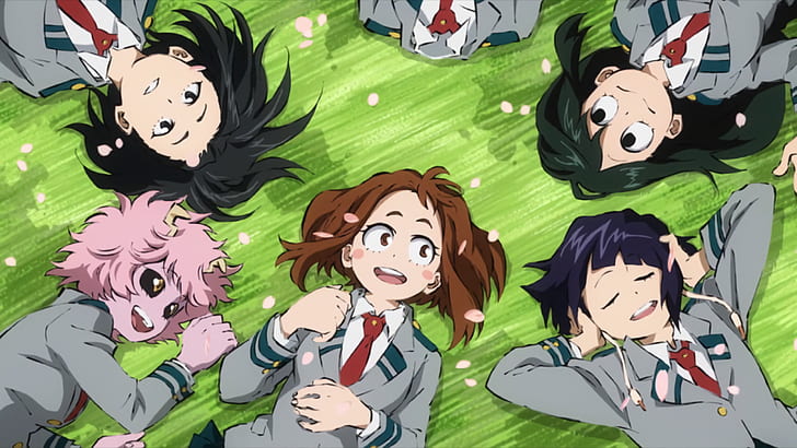 Boku no Hero Academia, аниме момичета, Uraraka Ochako, Tsuyu Asui, Jirō Kyōka, Ashido Mina, Yaoyorozu Momo, Hagakure Tōru, HD тапет