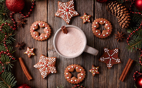 Merry Christmas, cookies, cup, drinks, Merry, Christmas, Cookies, Cup, Drinks, HD wallpaper HD wallpaper