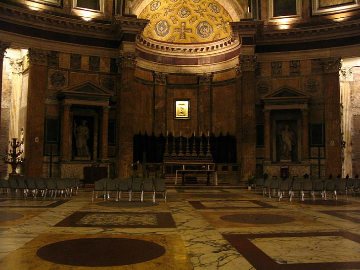 Panthéon intérieur Rome, bâtiment en dôme de béton beige et marron, marbre, décorations, intérieur, panthéon, sol, animaux, Fond d'écran HD