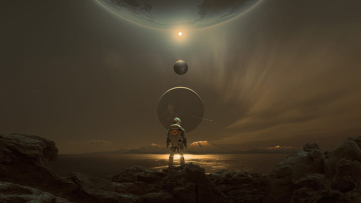 astronauta, planeta, espacio, Marte, cielo, noche, ciencia ficción, futurista, Sistema Solar, Fondo de pantalla HD