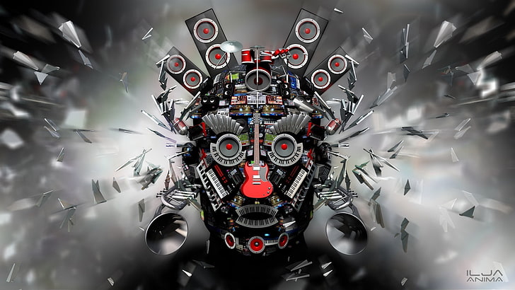 robotic head stereo illustration, digital art, 3D, CGI, face, music, guitar, keyboards, drums, microphone, trumpets, speakers, eyes, open mouth, explosion, HD wallpaper