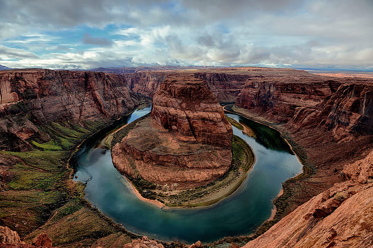 aerial photography of lake surrounded rock formation under white and blue cloudy skies, Blues, Reds, Greens, HDR, aerial photography, lake, rock formation, white, cloudy, feet, drop, Blue Skies, Clouds, Canvas, Cliffs, Pro, Colorado River, River  Day, Glen Canyon National Recreation Area, Horseshoe Bend, Vermilion Cliffs National Monument, West, Nature, Navajo Sandstone, Nikon D800E, Overcast, Portfolio, River, WILLIAMS  Arizona, United States, arizona, uSA, landscape, scenics, canyon, desert, grand Canyon National Park, southwest USA, famous Place, majestic, HD wallpaper