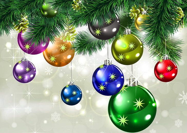 assorted-color baubles clip art, winter, stars, decoration, snowflakes, holiday, balls, Christmas, New year, colorful, beautiful, sparkling, HD wallpaper