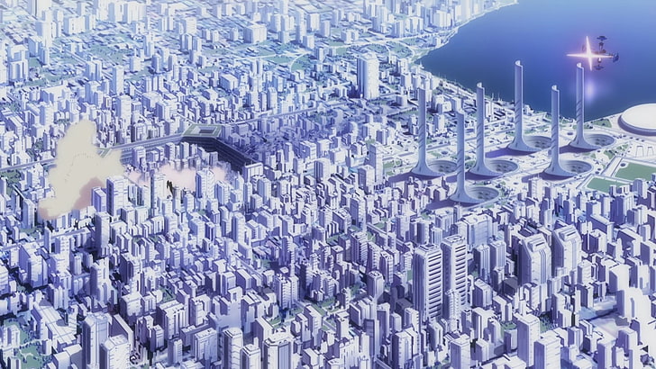 въздушна фотография на сгради, Neon Genesis Evangelion, аниме, градски пейзаж, HD тапет