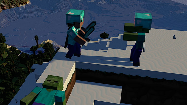 attack, zombies, mountains, snow, Minecraft, HD wallpaper