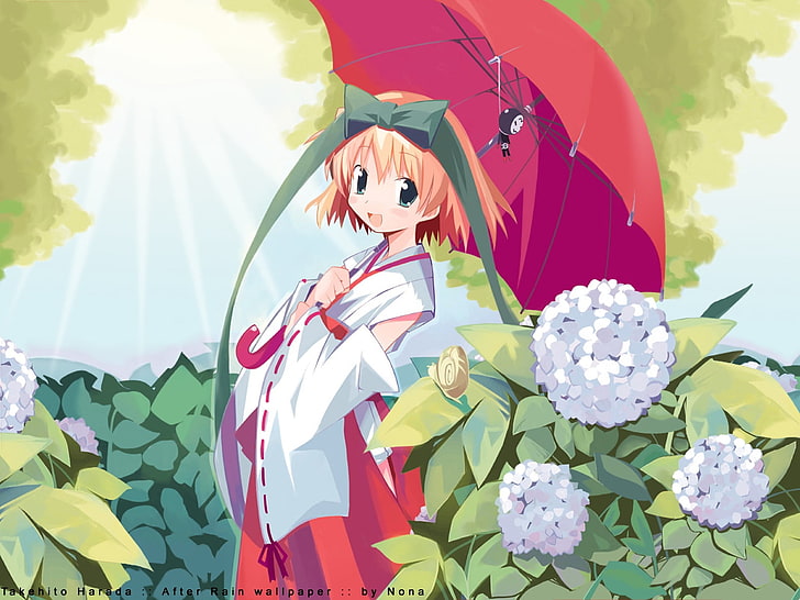 pink-haired woman anime character illustration, harada takehito, miko, teruterubouzu, girl, kimono, umbrella, HD wallpaper