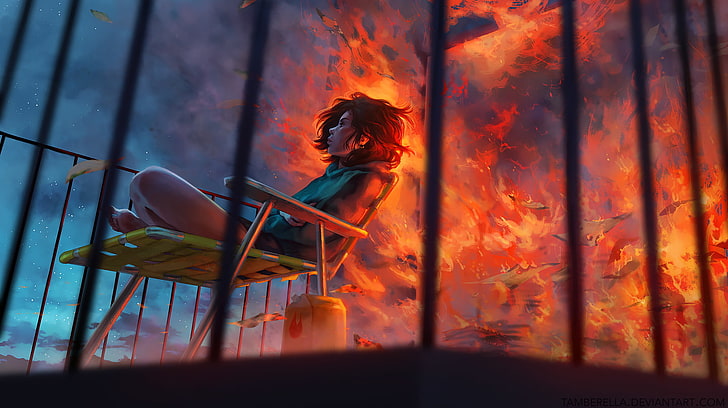 ogień, anime dziewczyny, krzesło, balkon, 2D, sztuka cyfrowa, anime, niebo, dym, abstrakcja, surrealistyczne, emocja, Tapety HD