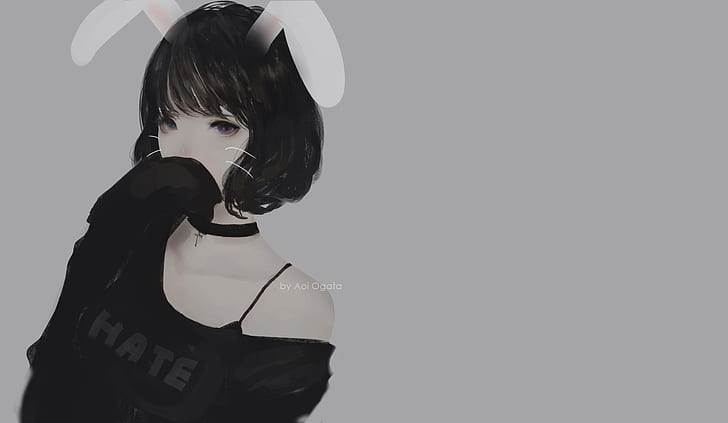 bunny ears, Aoi Ogata, women, simple background, hate-chan, short hair, bare shoulders, HD wallpaper
