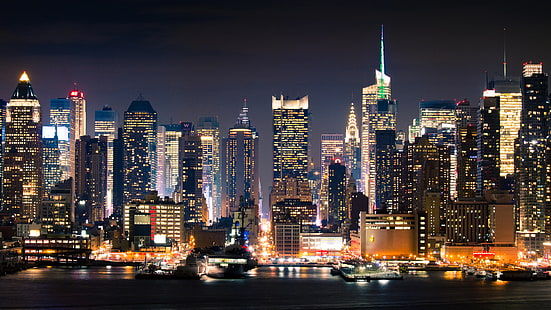 ночь, город, Нью-Йорк, Манхэттен, HD обои HD wallpaper